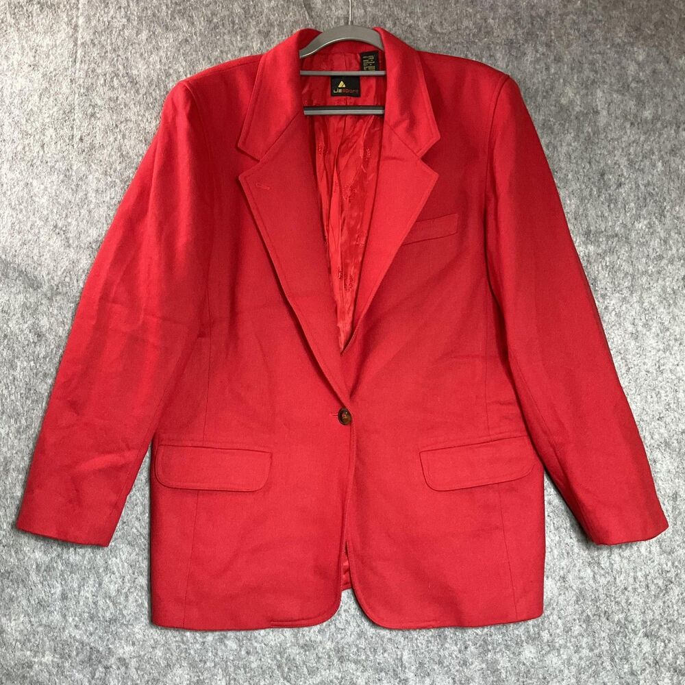 Vintage Lizsport Blazer Womens Large Red Pockets Wool Single Button Notch Lapel